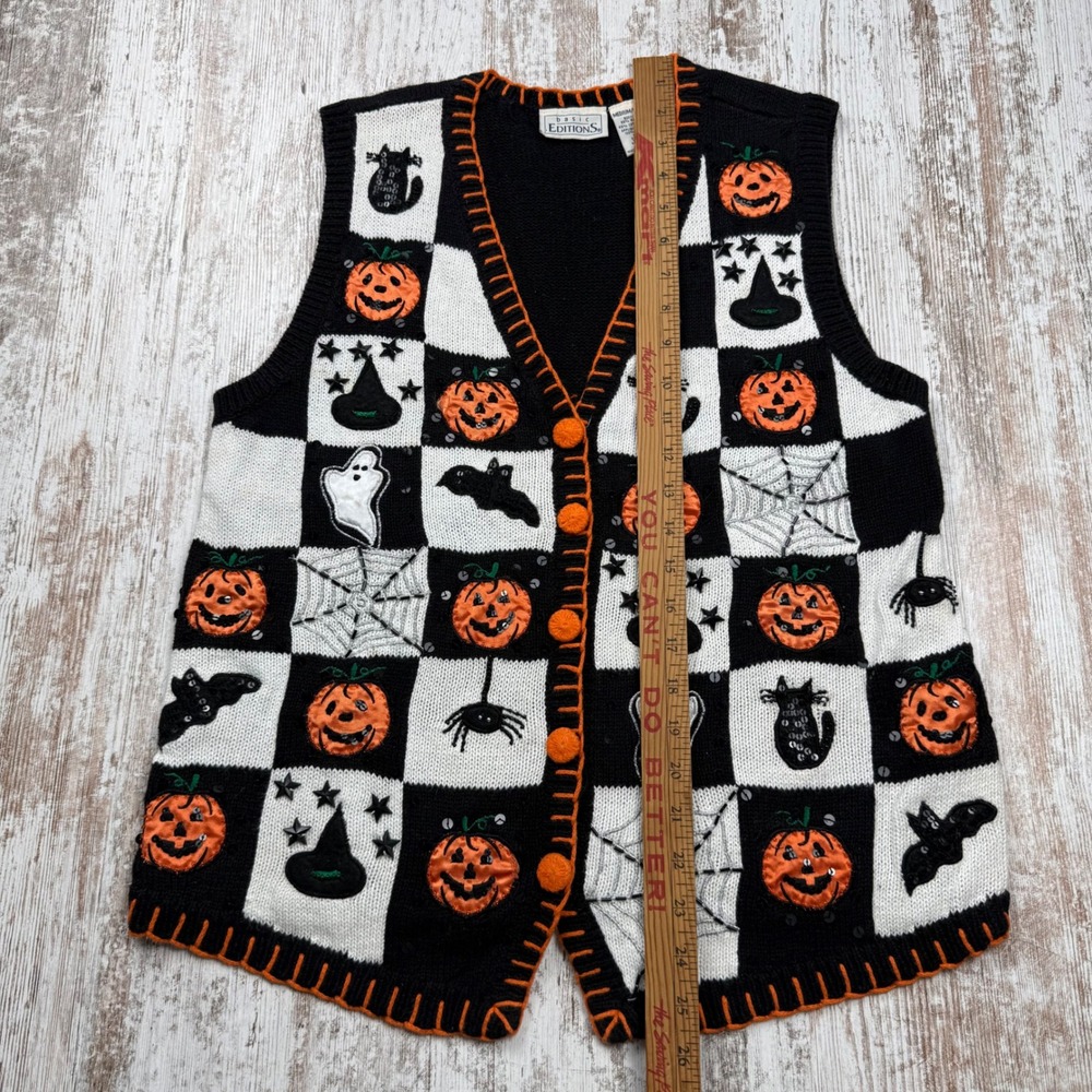 VTG Basic Editions Halloween Sweater Vest Medium Checkered Pumpkin Cat Teacher - Picture 7 of 9